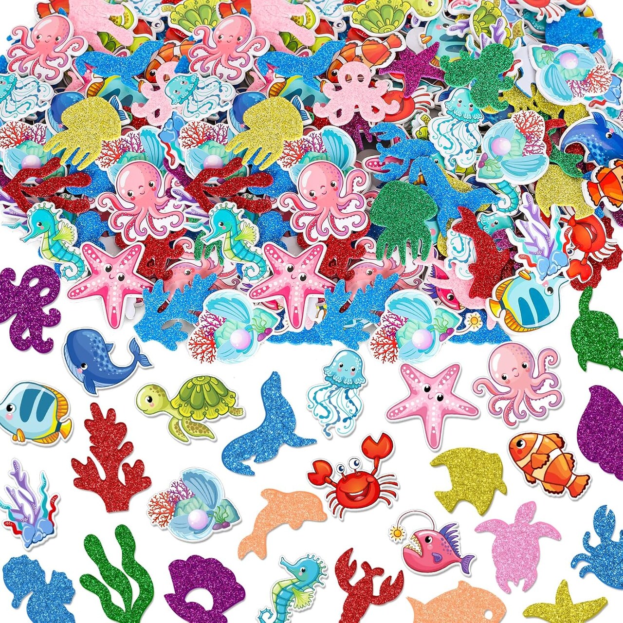 350Pcs Sea Animals Foam Stickers Cartoon Crab Turtle Prints Foam Decals Glitter Colorful Self Adhesive Sea Life Sticker Under The Ocean Sticker for Summer DIY Scrapbooking Wall Creative Decor